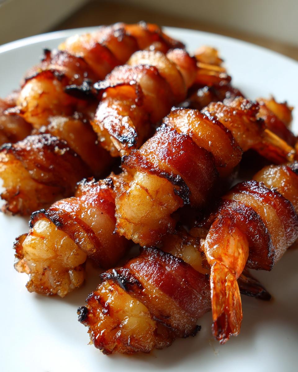 Close-up of perfectly cooked, glazed bacon wrapped shrimp piled on a white plate.