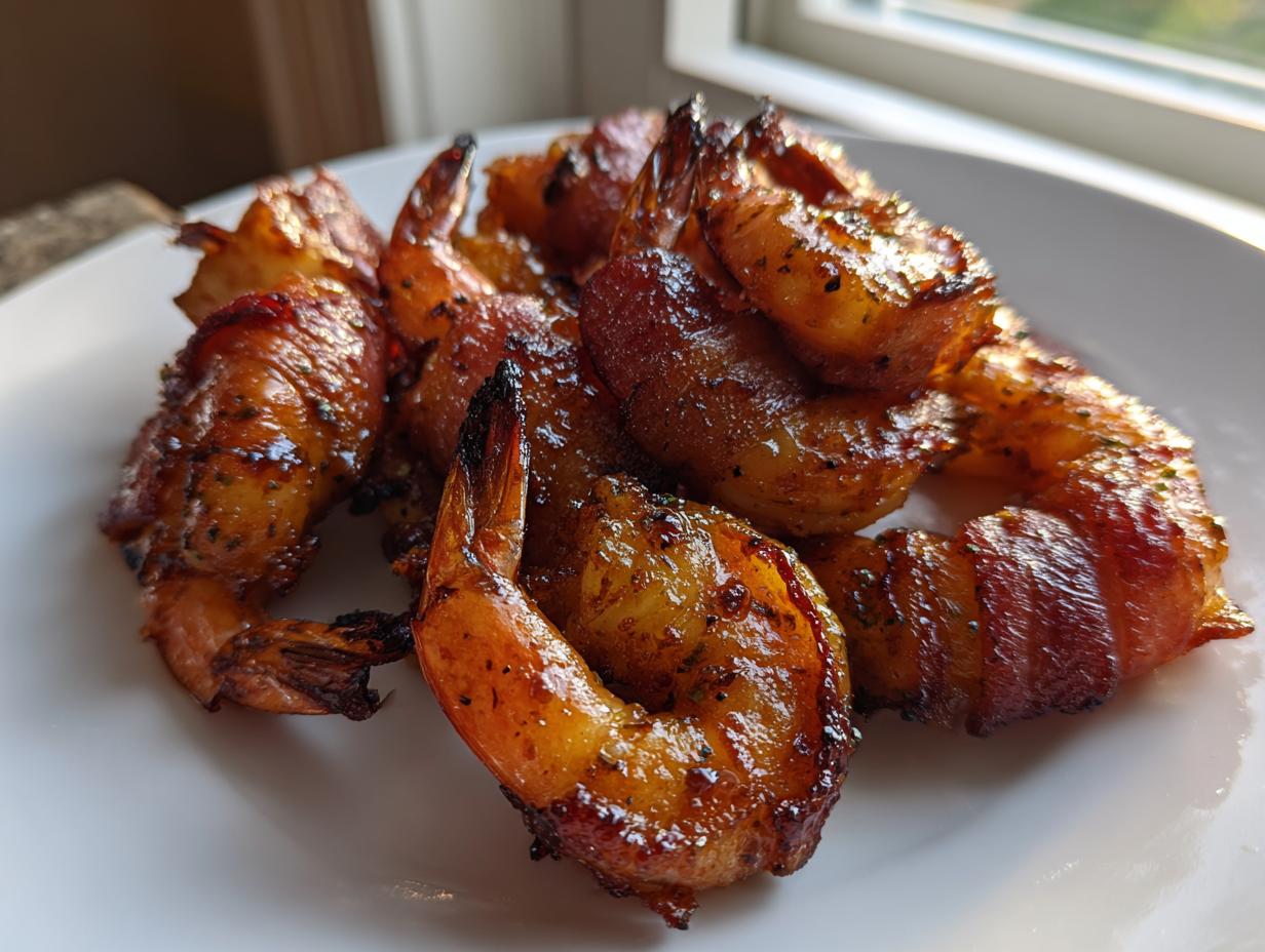 A close-up of several perfectly cooked, glazed bacon wrapped shrimp piled on a white plate.