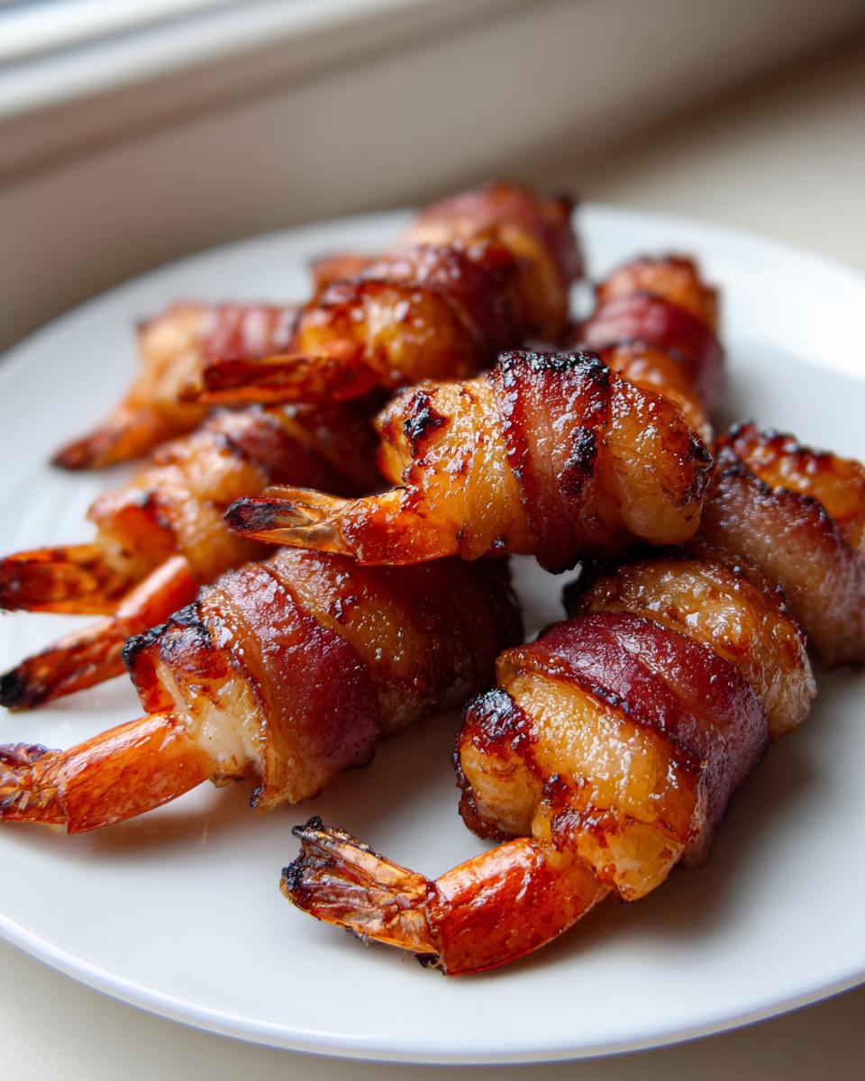 A close-up of several perfectly cooked, glazed bacon wrapped shrimp piled on a white plate.