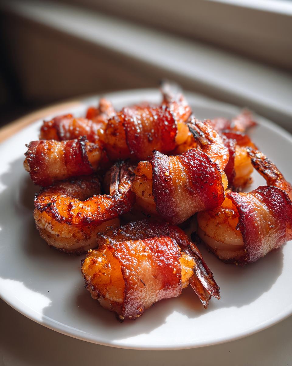 A close-up of several crispy, caramelized bacon wrapped shrimp piled on a white plate, ready to eat.
