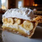 A close-up slice of amazing banana cream pie showing layers of crust, pudding, sliced bananas, and thick whipped cream topping.