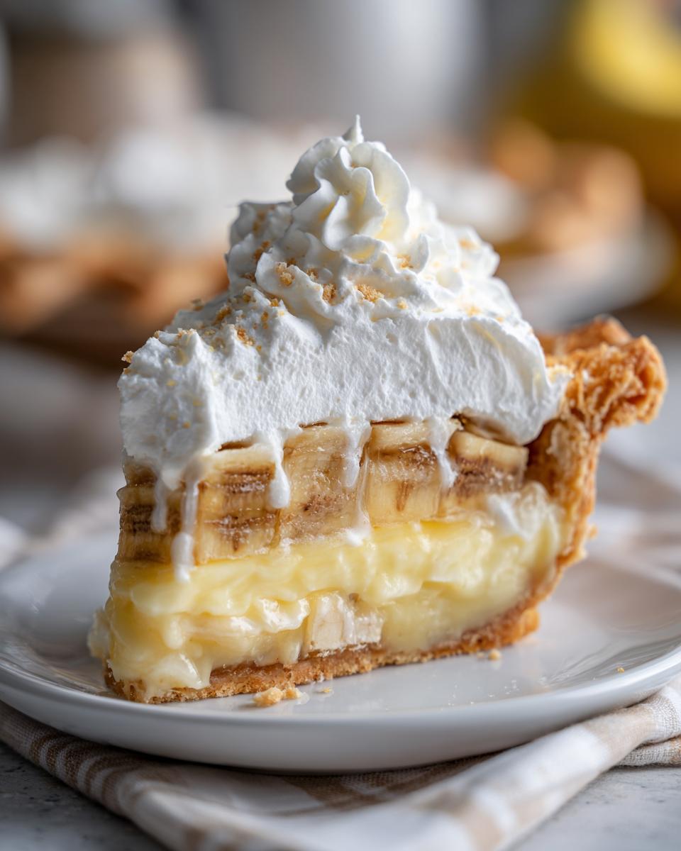 A tall slice of amazing banana cream pie showing layers of crust, custard, bananas, and a generous swirl of whipped cream.