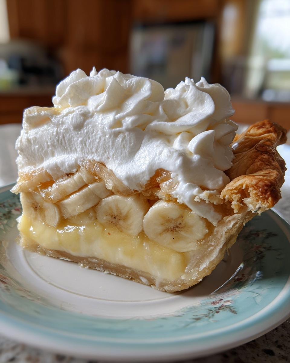A generous slice of amazing banana cream pie showing layers of flaky crust, creamy filling, sliced bananas, and topped with whipped cream.