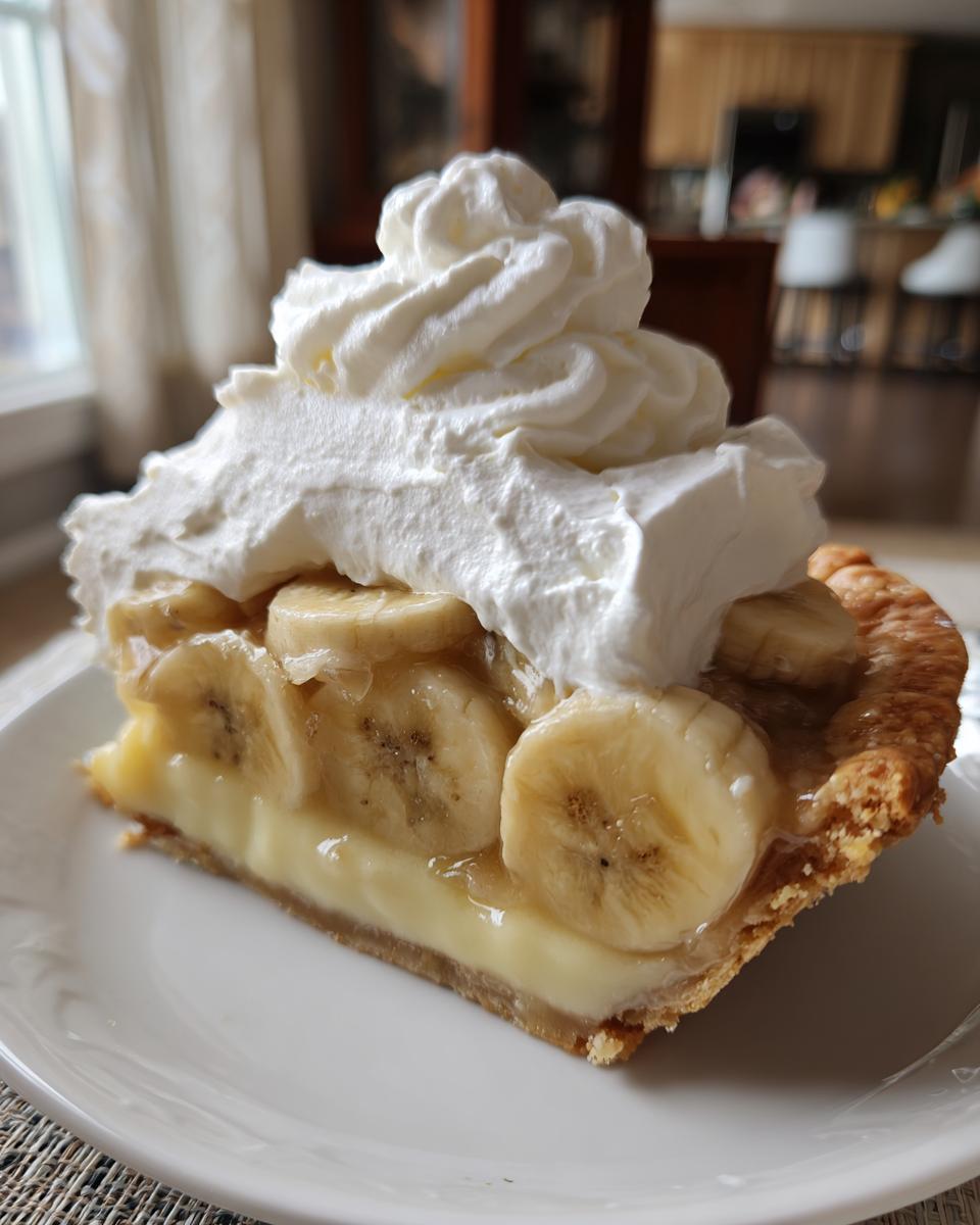 A close-up slice of amazing banana cream pie featuring a flaky crust, thick custard, sliced bananas, and a generous topping of whipped cream.
