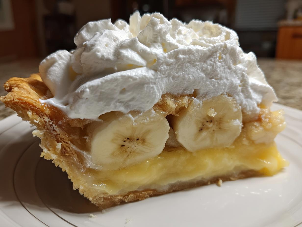 Close-up of a slice of amazing banana cream pie showing layers of flaky crust, creamy filling, banana slices, and a generous topping of whipped cream.