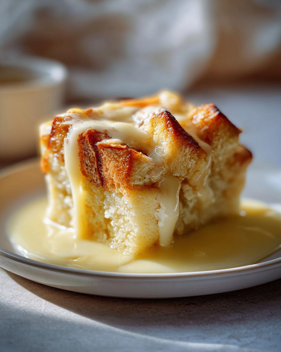 A close-up of a square serving of moist bread pudding topped with vanilla sauce, sitting in a pool of sauce on a white plate.