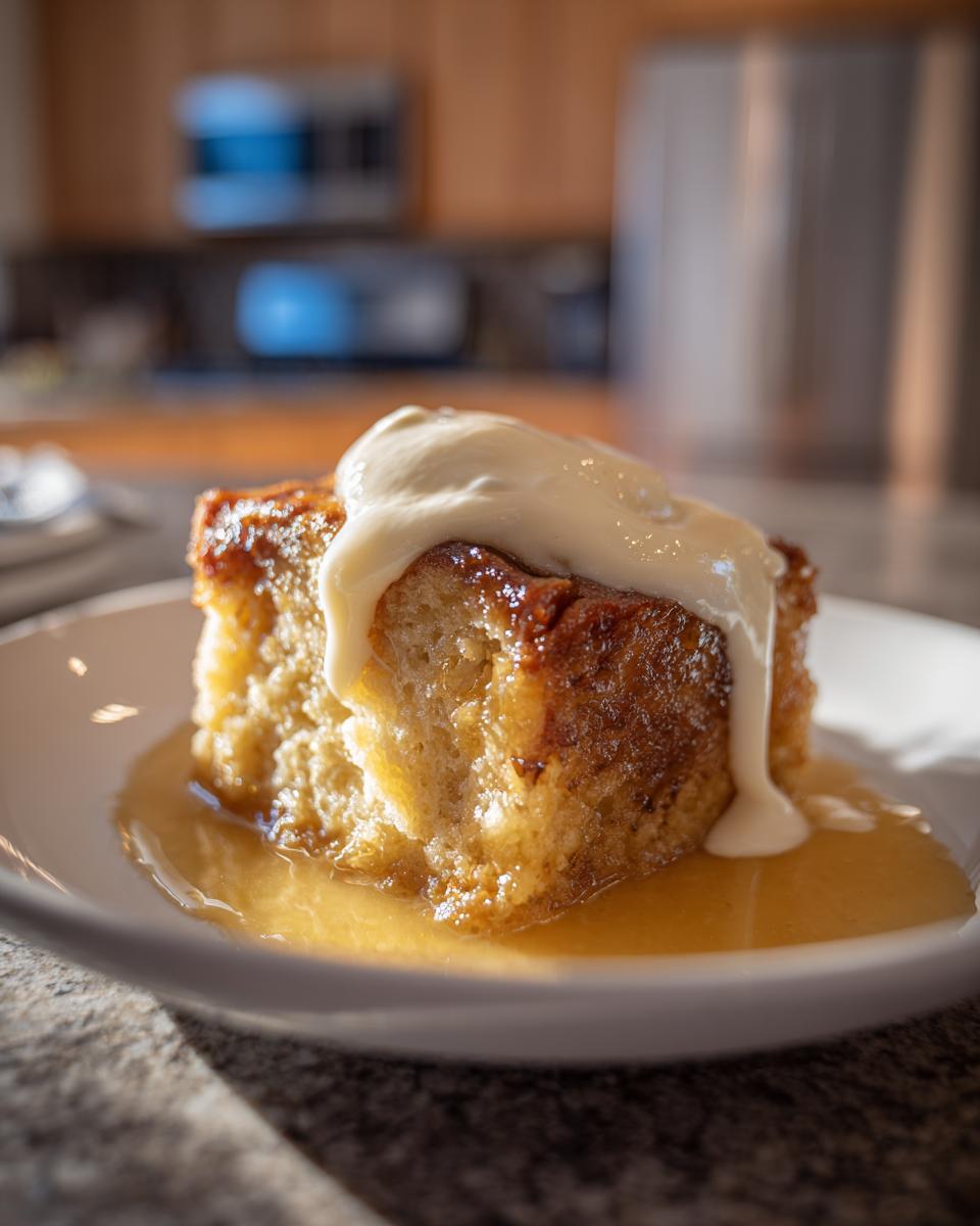 A golden brown square of bread pudding topped with thick vanilla cream sauce, sitting in a pool of caramel sauce.