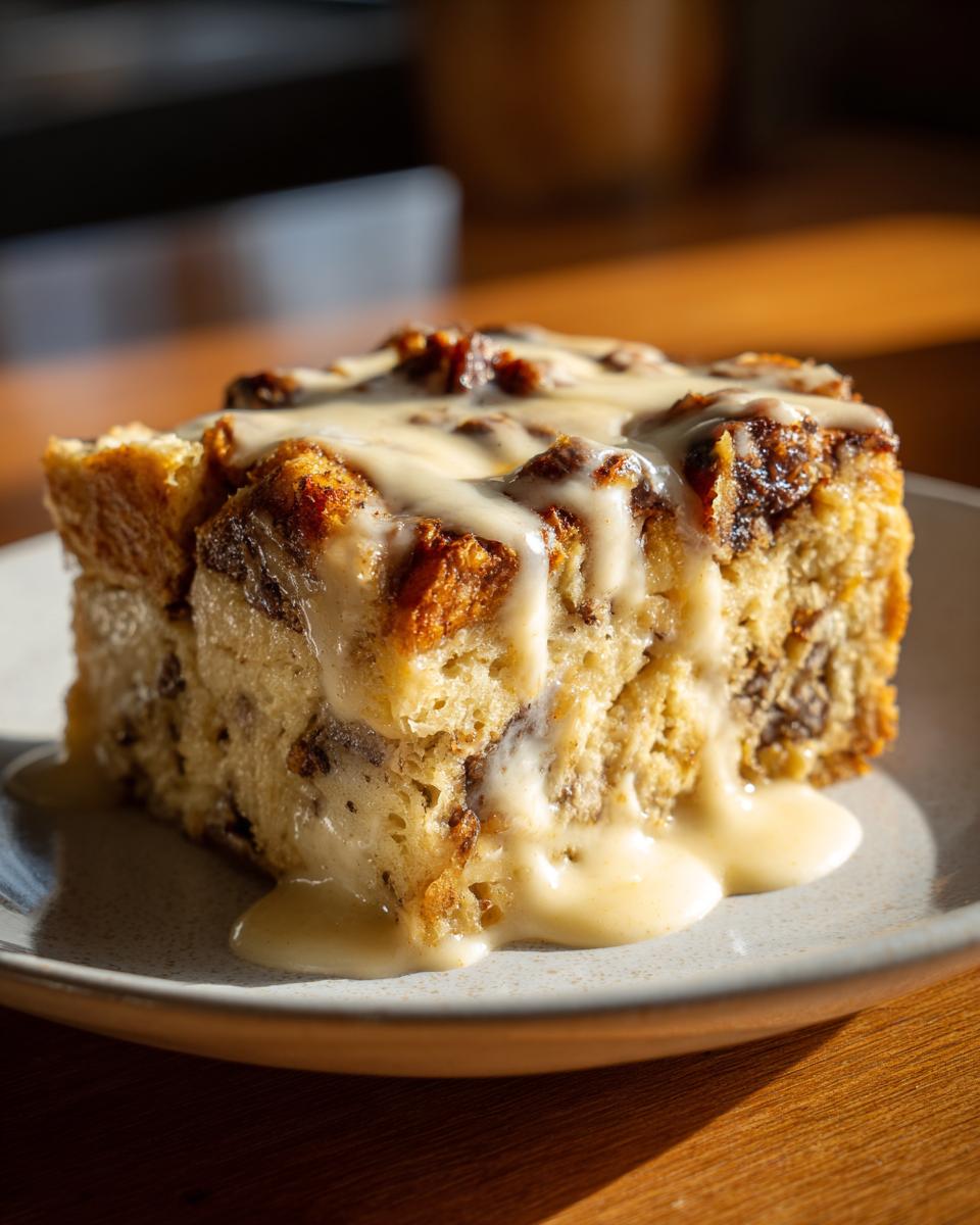 Close-up of a square slice of moist bread pudding topped generously with a vanilla cream glaze.