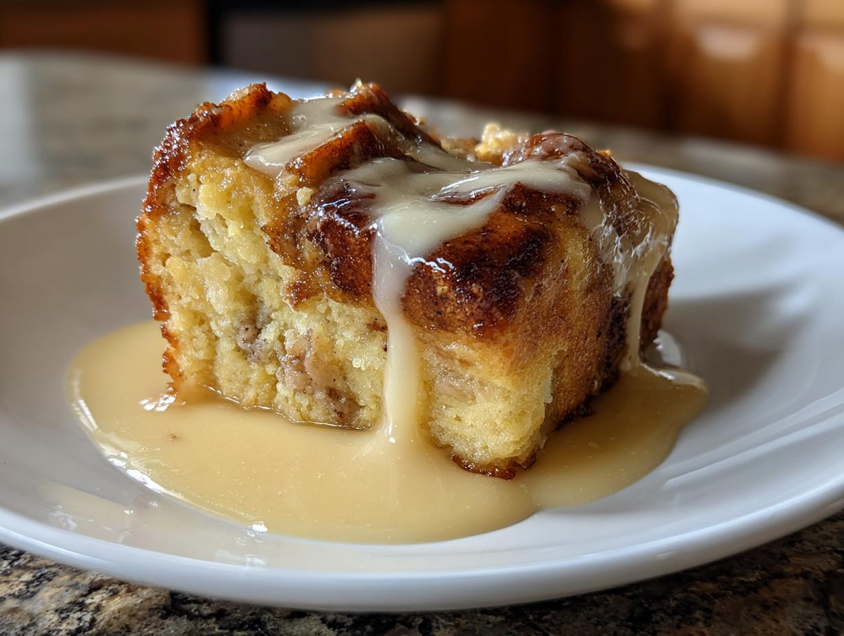 A close-up of a square slice of moist bread pudding topped with a thick vanilla glaze or sauce.