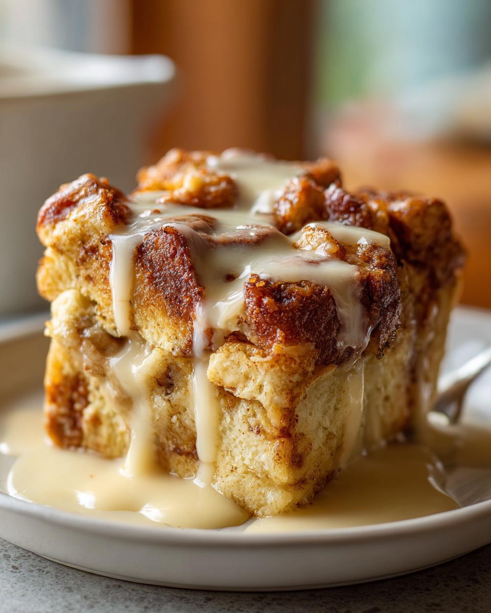 A close-up of a square serving of moist bread pudding drizzled generously with vanilla sauce.