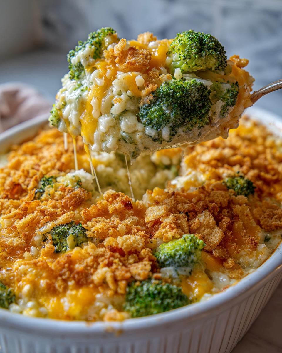 A spoonful of creamy, cheesy broccoli rice casserole being lifted from a white baking dish, showing melted cheese strings.