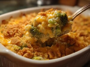 A spoonful of creamy, cheesy broccoli rice casserole topped with golden breadcrumbs being lifted from the dish.