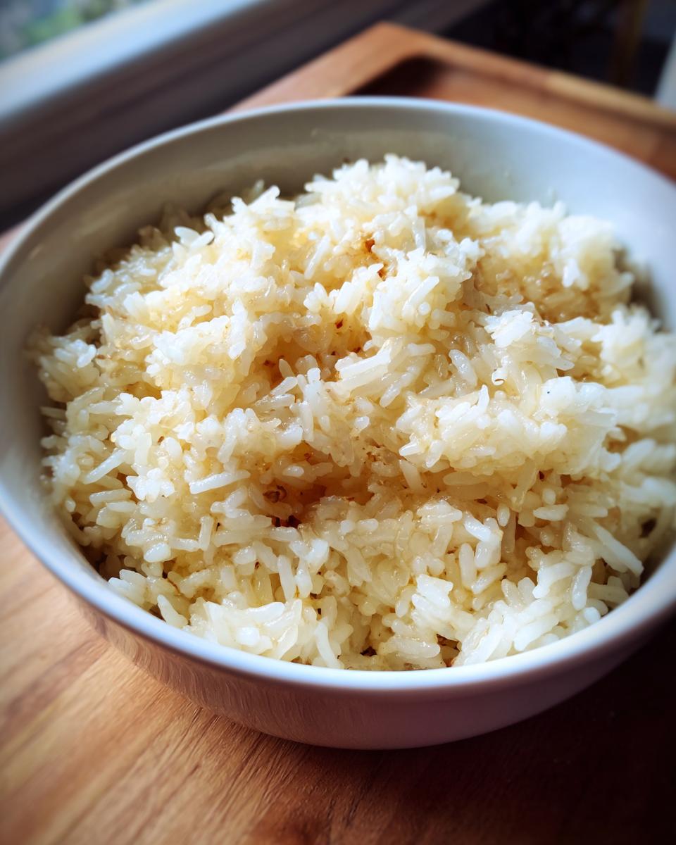 Close-up of a white bowl filled with fluffy, glossy butter rice, showing melted butter coating the grains.