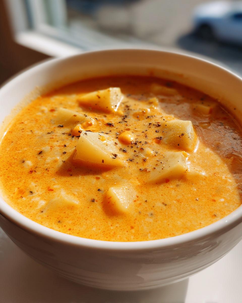 Close-up of a rich, orange-colored cheese soup with visible chunks of potato, topped with black pepper.