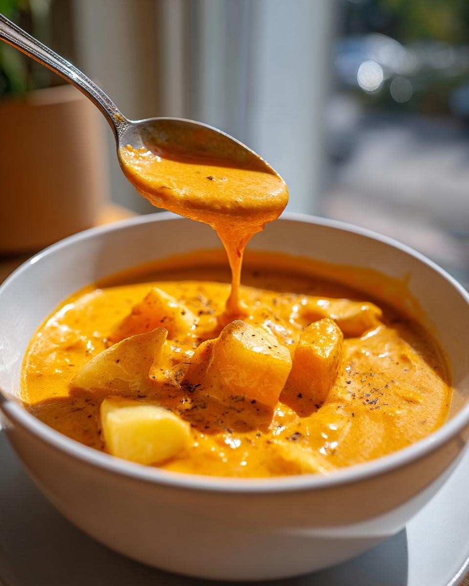 A spoonful of thick, orange cheese soup dripping back into a bowl filled with chunks of potato.