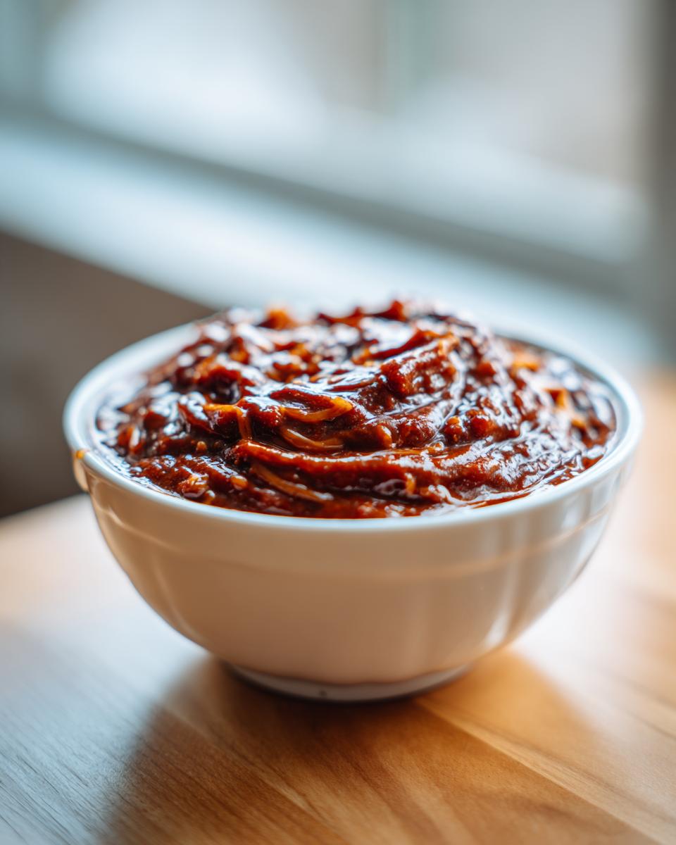 Close-up of a thick, rich, dark red chili cheese dip served in a white bowl on a wooden surface.
