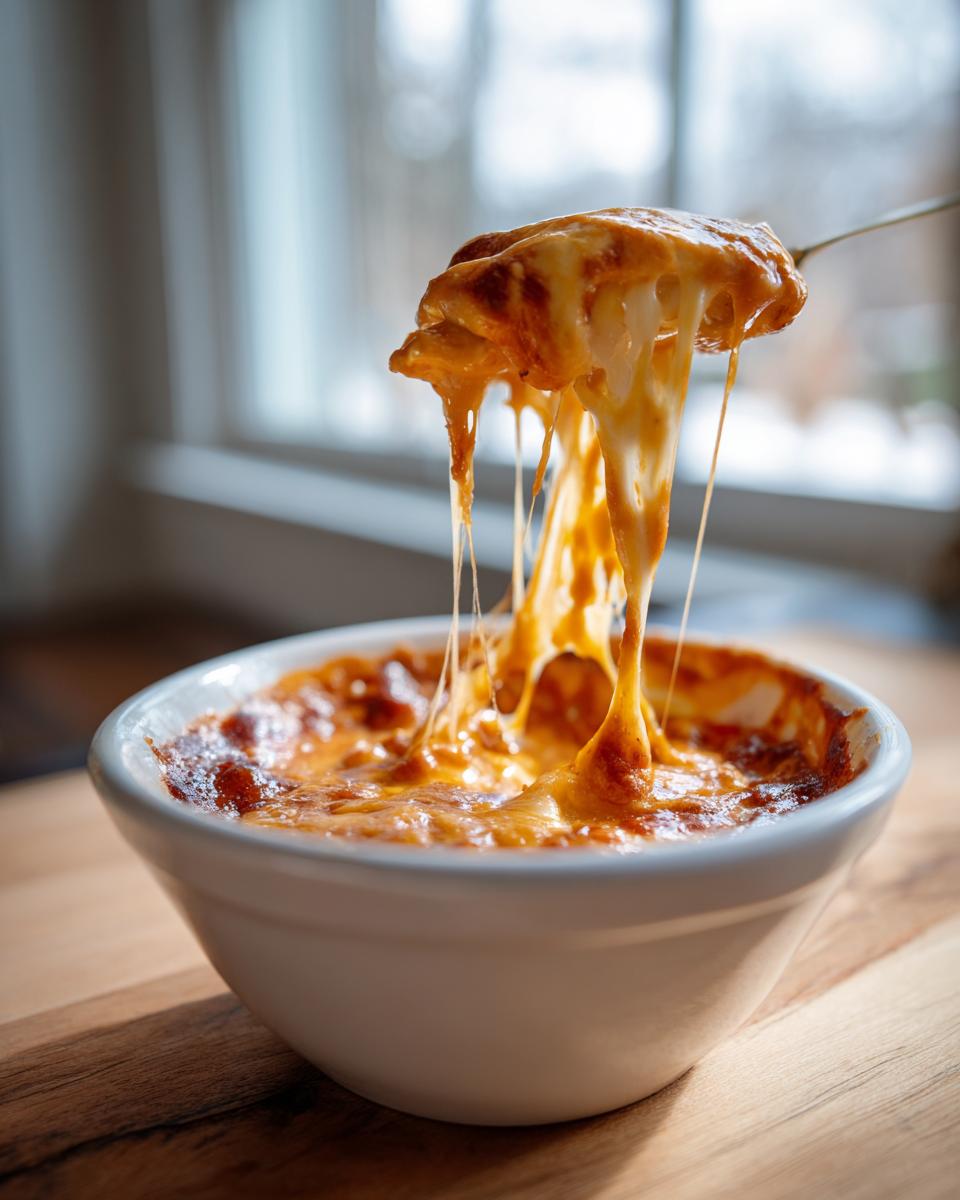 A spoonful of hot chili cheese dip showing extreme cheese pull over a white bowl.