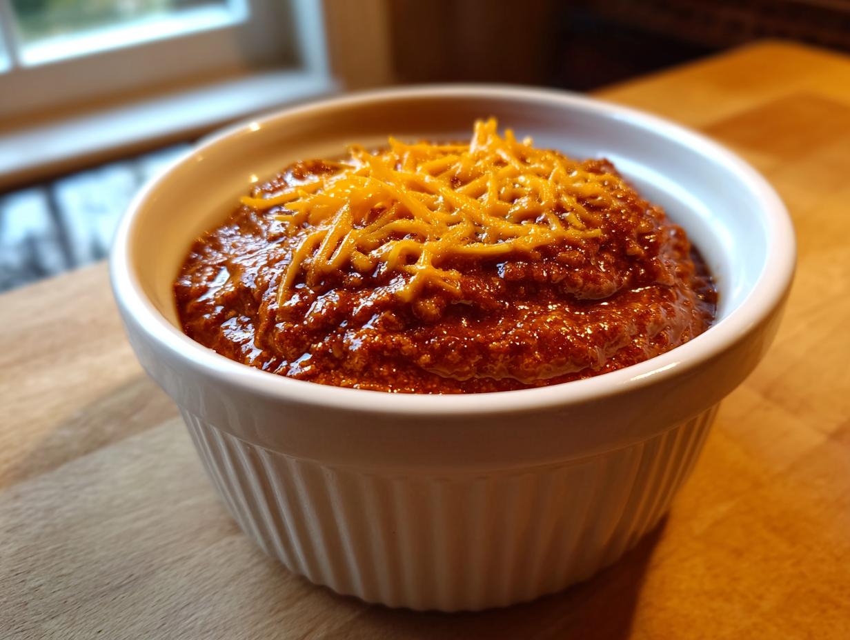 Close-up of a rich, thick chili cheese dip topped with shredded cheddar cheese in a white ramekin.