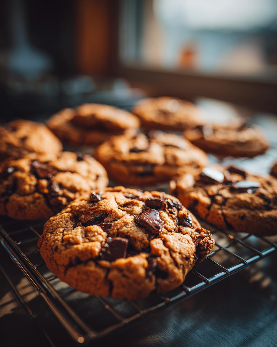 Close-up of warm, gooey chocolate chip cookies cooling on a wire rack.