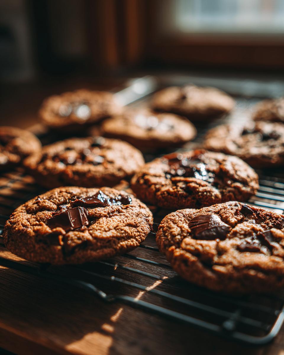 Close-up of warm, gooey chocolate chip cookies cooling on a wire rack, illuminated by sunlight.