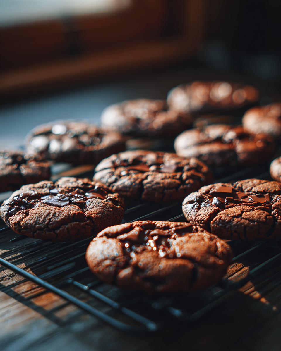 Close-up of rich, dark chocolate chip cookies cooling on a wire rack, featuring melted chocolate chunks.