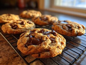 Close-up of gooey, freshly baked chocolate chip cookies cooling on a black wire rack with melted chocolate chunks.