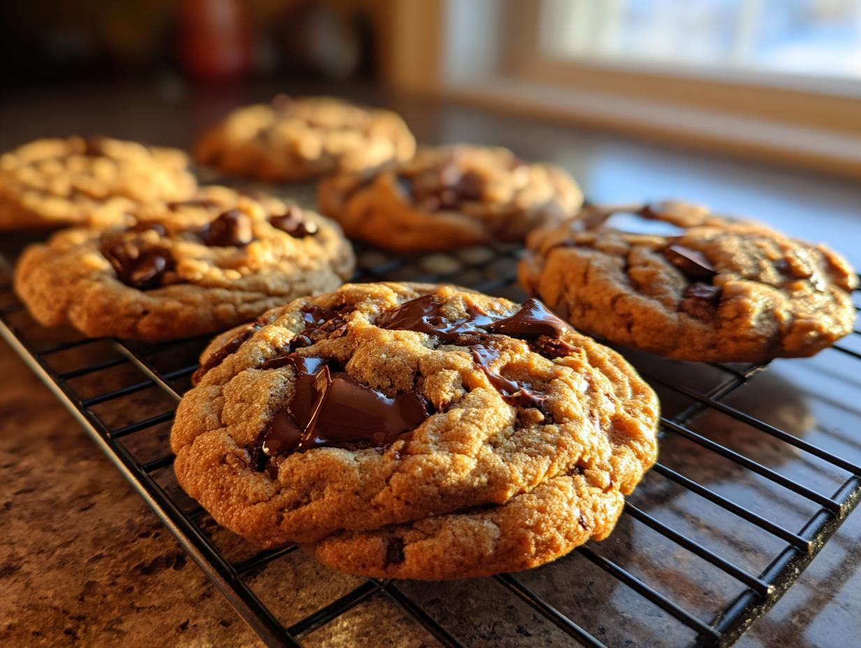 Close-up of gooey, freshly baked chocolate chip cookies cooling on a black wire rack with melted chocolate chunks.