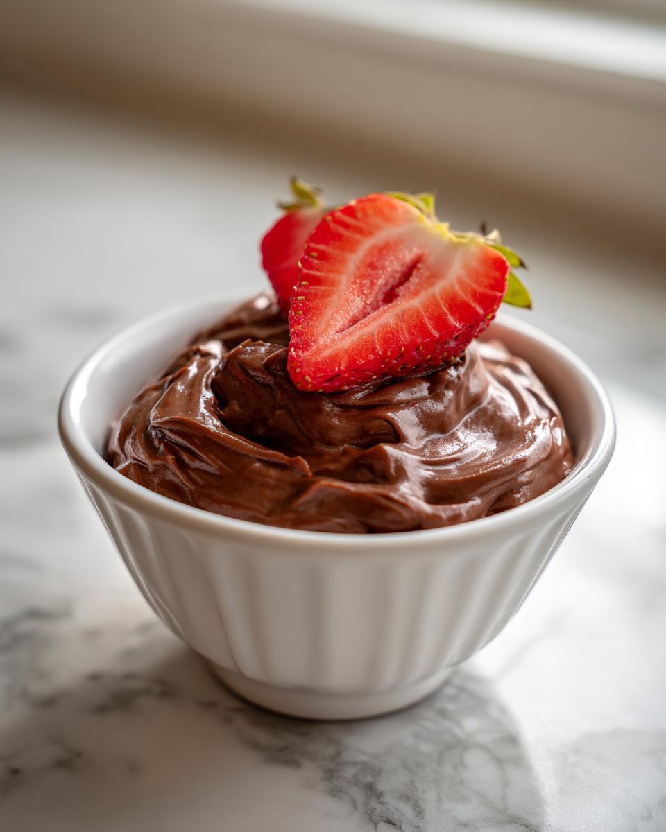 A small white bowl filled with thick, glossy chocolate dip, topped with two halves of a fresh strawberry.