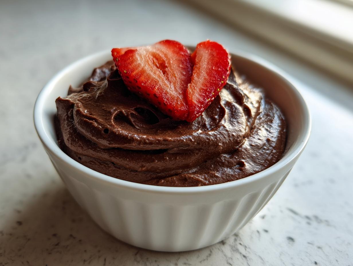 A close-up of a small white bowl filled with thick, dark chocolate dip, garnished with two slices of fresh strawberry.