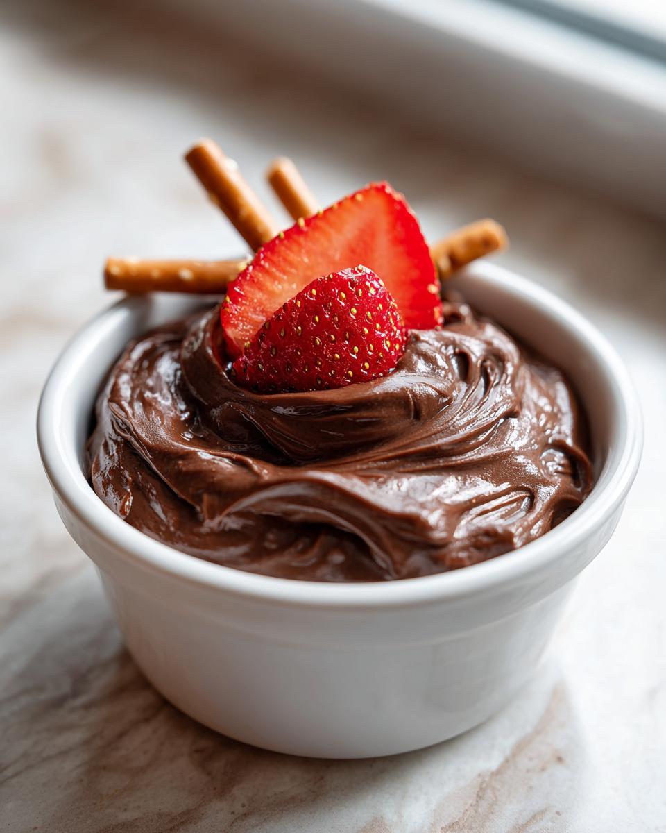A small white bowl filled with thick, glossy chocolate dip, garnished with a sliced strawberry and pretzel sticks.