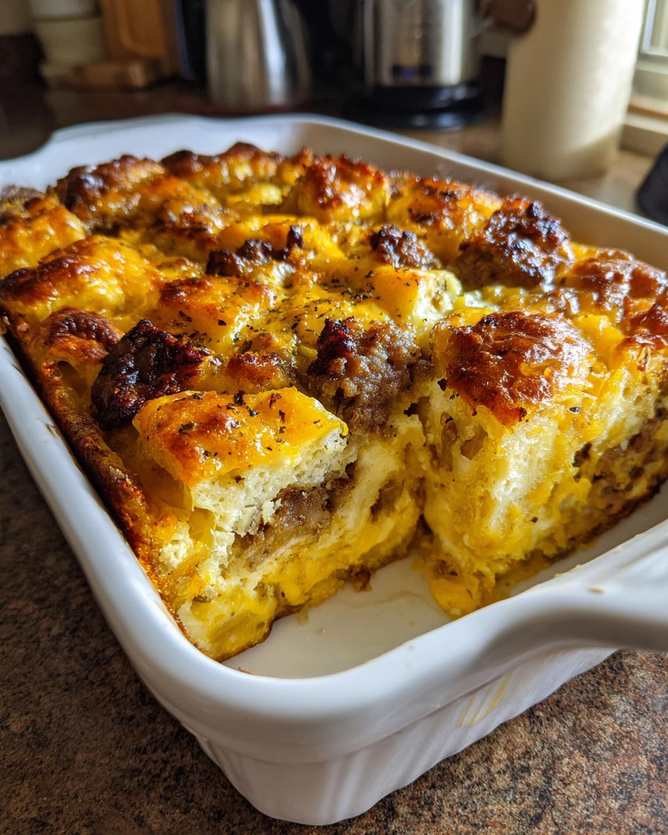 A close-up of a rich, golden-brown Christmas breakfast casserole in a white baking dish, showing layers of bread, egg, sausage, and melted cheese.
