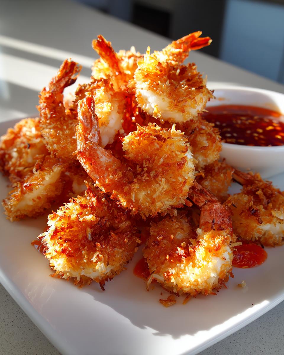 A pile of golden brown, crispy coconut shrimp served on a white plate next to a small bowl of sweet chili dipping sauce.