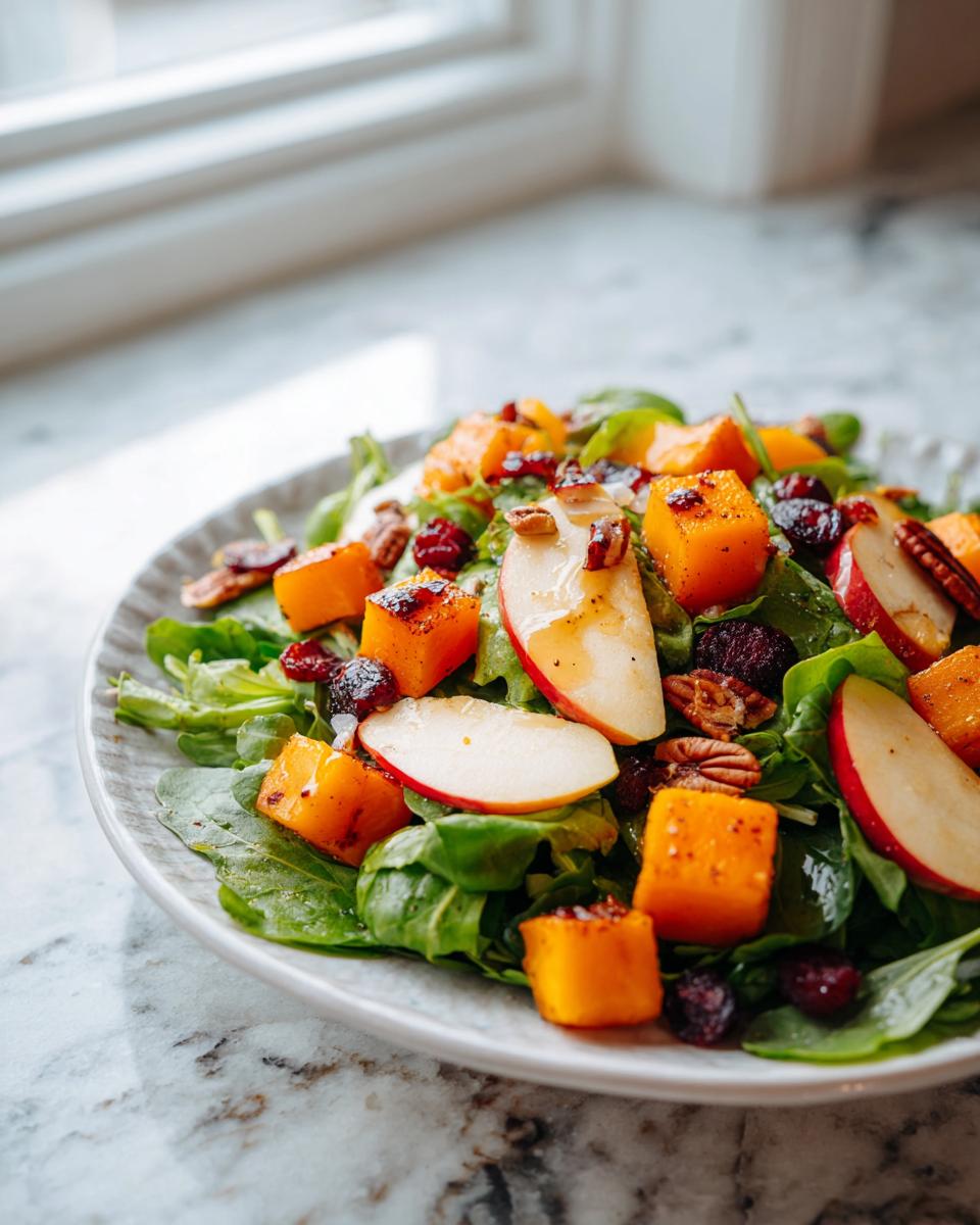 Close-up of an amazing fall harvest salad featuring roasted butternut squash, apple slices, pecans, and dried cranberries over greens.
