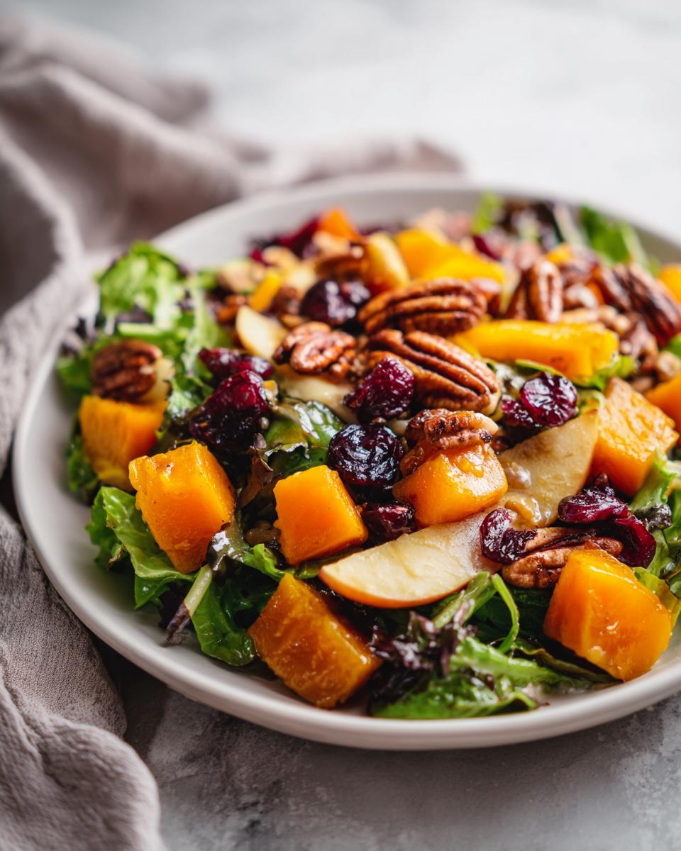 Close-up of an amazing fall harvest salad featuring roasted butternut squash cubes, pecans, dried cranberries, and apple slices on mixed greens.