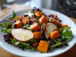 A close-up view of an amazing fall harvest salad featuring roasted squash, apple slices, pecans, and dried cranberries on mixed greens.