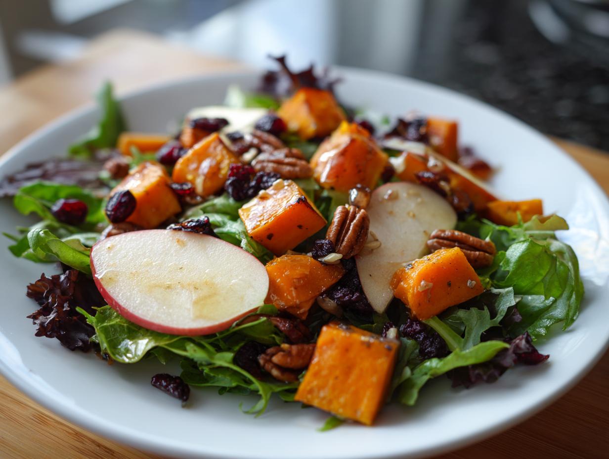 A close-up view of an amazing fall harvest salad featuring roasted squash, apple slices, pecans, and dried cranberries on mixed greens.