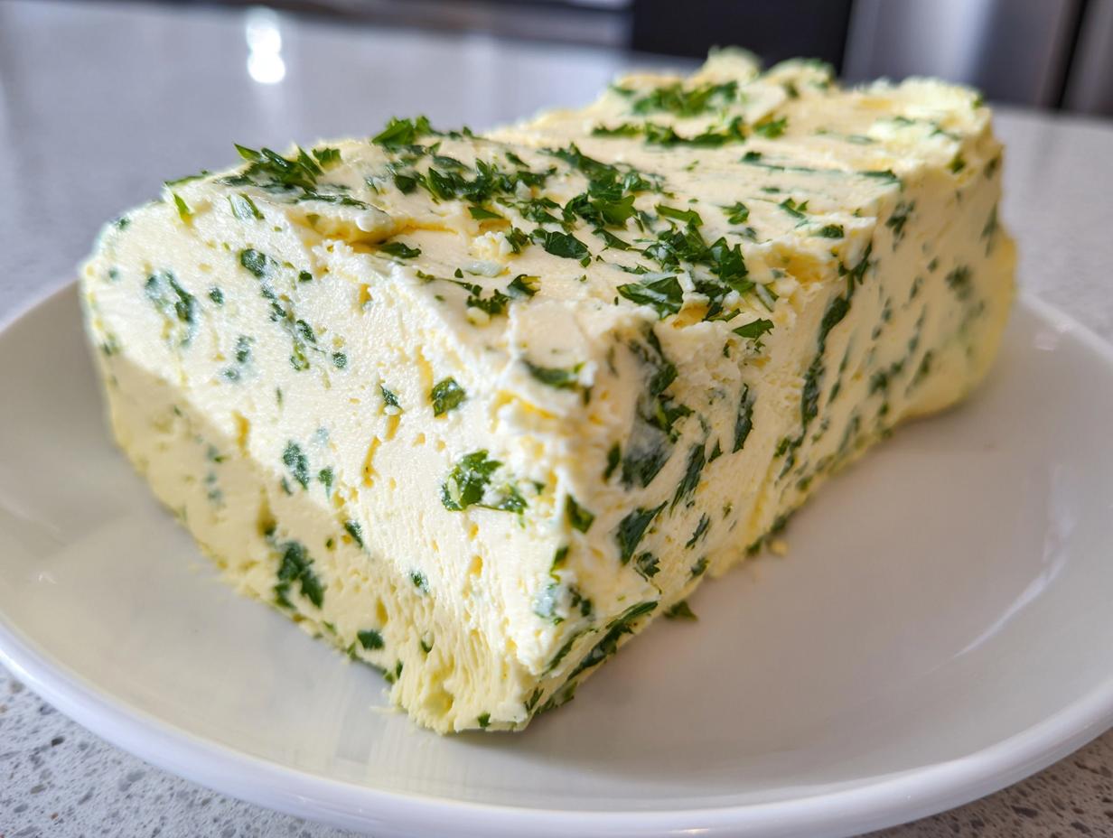 A large block of homemade garlic butter mixed with chopped green herbs, likely parsley, resting on a white plate.