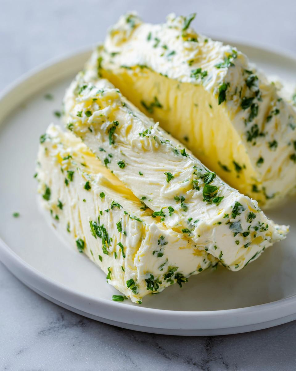 Two thick slices of homemade garlic butter mixed with chopped green herbs, resting on a white plate.