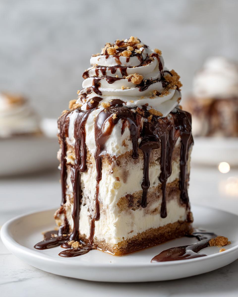 Close-up of a tall slice of ice cream cake layered with cookies, topped with whipped cream, chocolate drizzle, and crumbs.