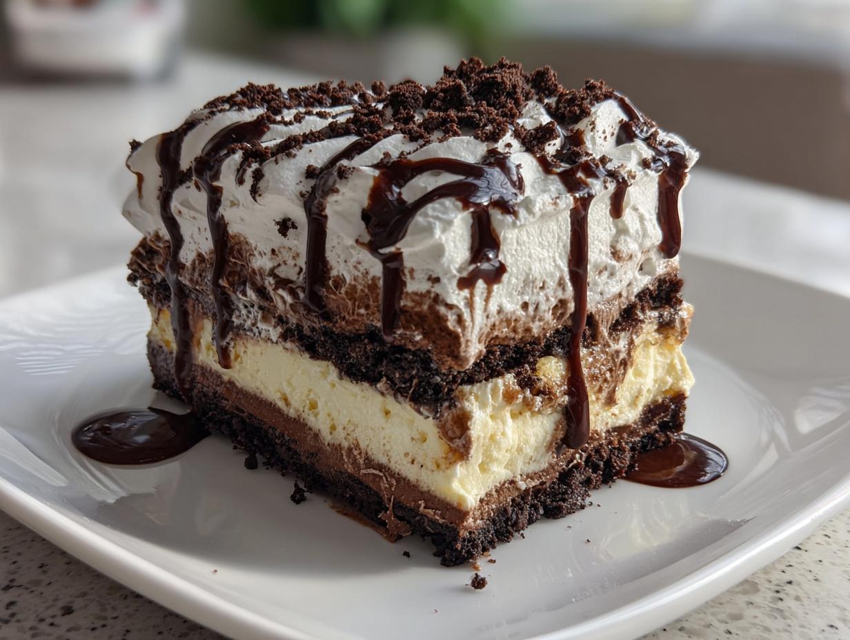 A decadent slice of layered ice cream cake featuring vanilla, chocolate, whipped cream, and chocolate cookie crumbs.