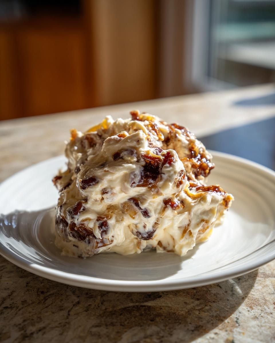A generous mound of creamy, rich onion dip mixed with caramelized onions served on a white plate.