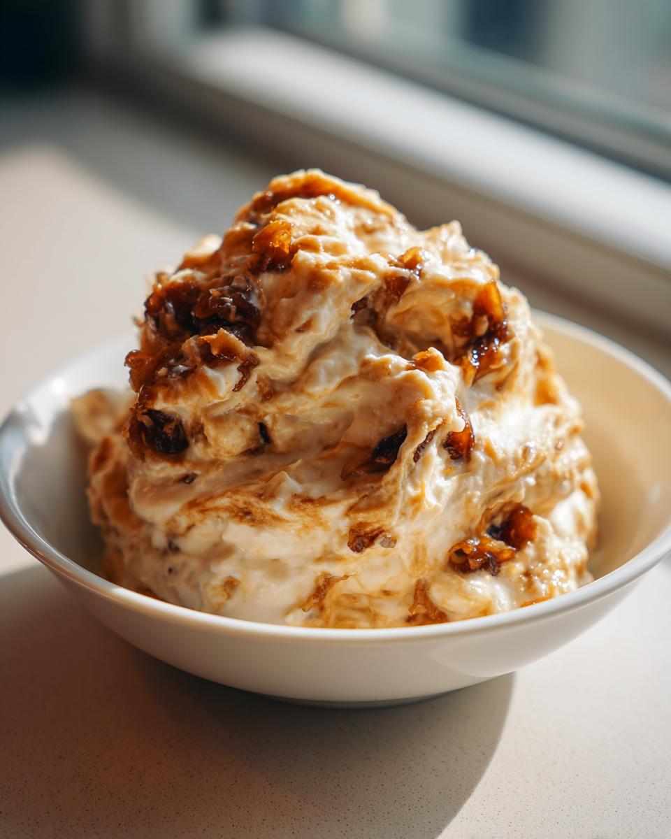 A generous serving of creamy homemade onion dip, swirled with caramelized onions, in a white bowl.