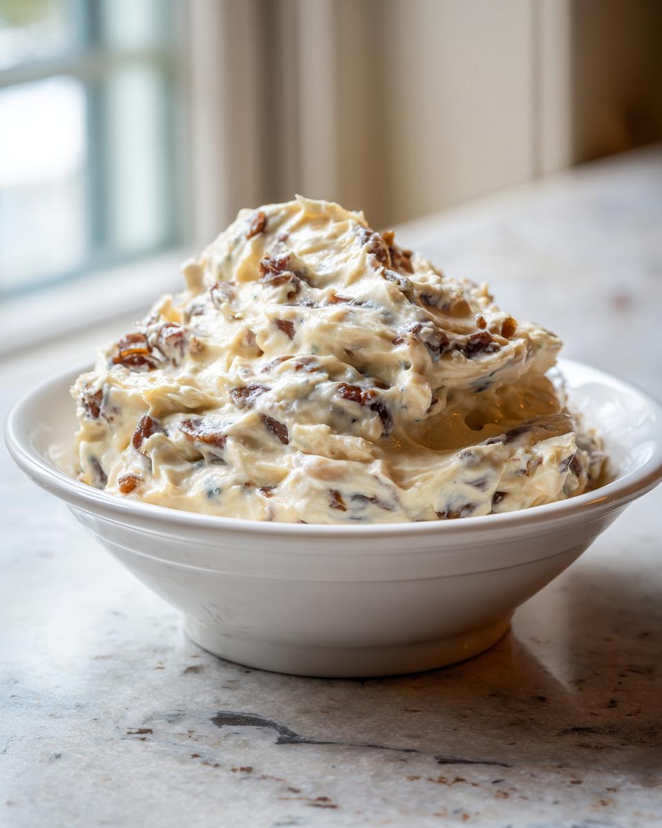 A generous serving of creamy onion dip, studded with caramelized onions, piled high in a white bowl.