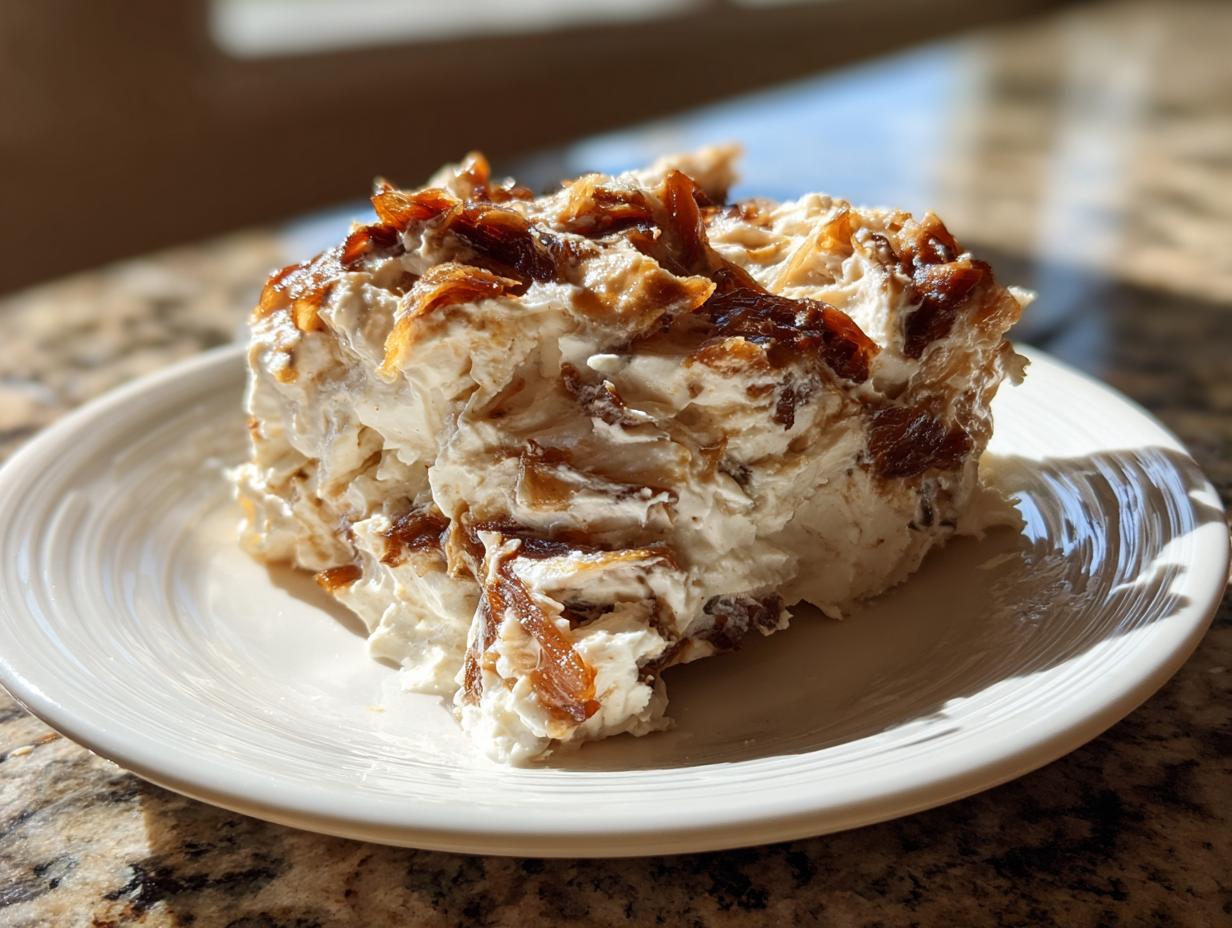 A generous scoop of creamy, homemade onion dip topped with caramelized onions served on a white plate.