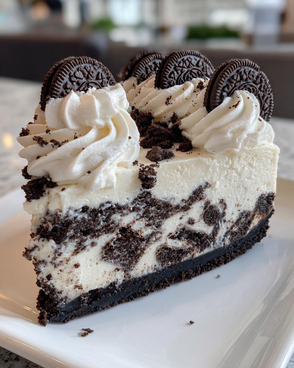 A decadent slice of Oreo cheesecake featuring a thick Oreo crust, creamy filling mixed with cookie pieces, topped with whipped cream swirls and whole Oreos.