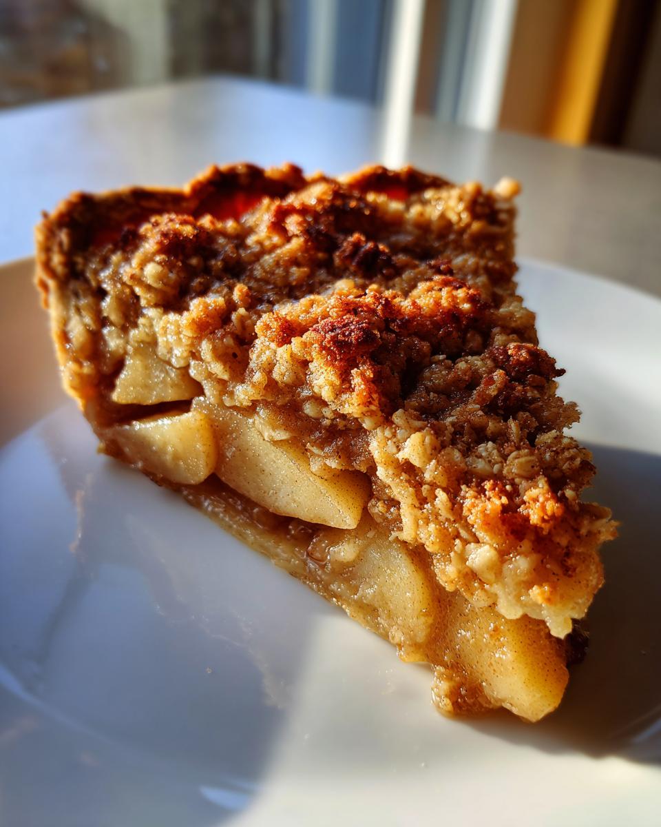 Close-up of a warm slice of pear crisp showing tender cooked pears and a thick, golden brown oat crumble topping.