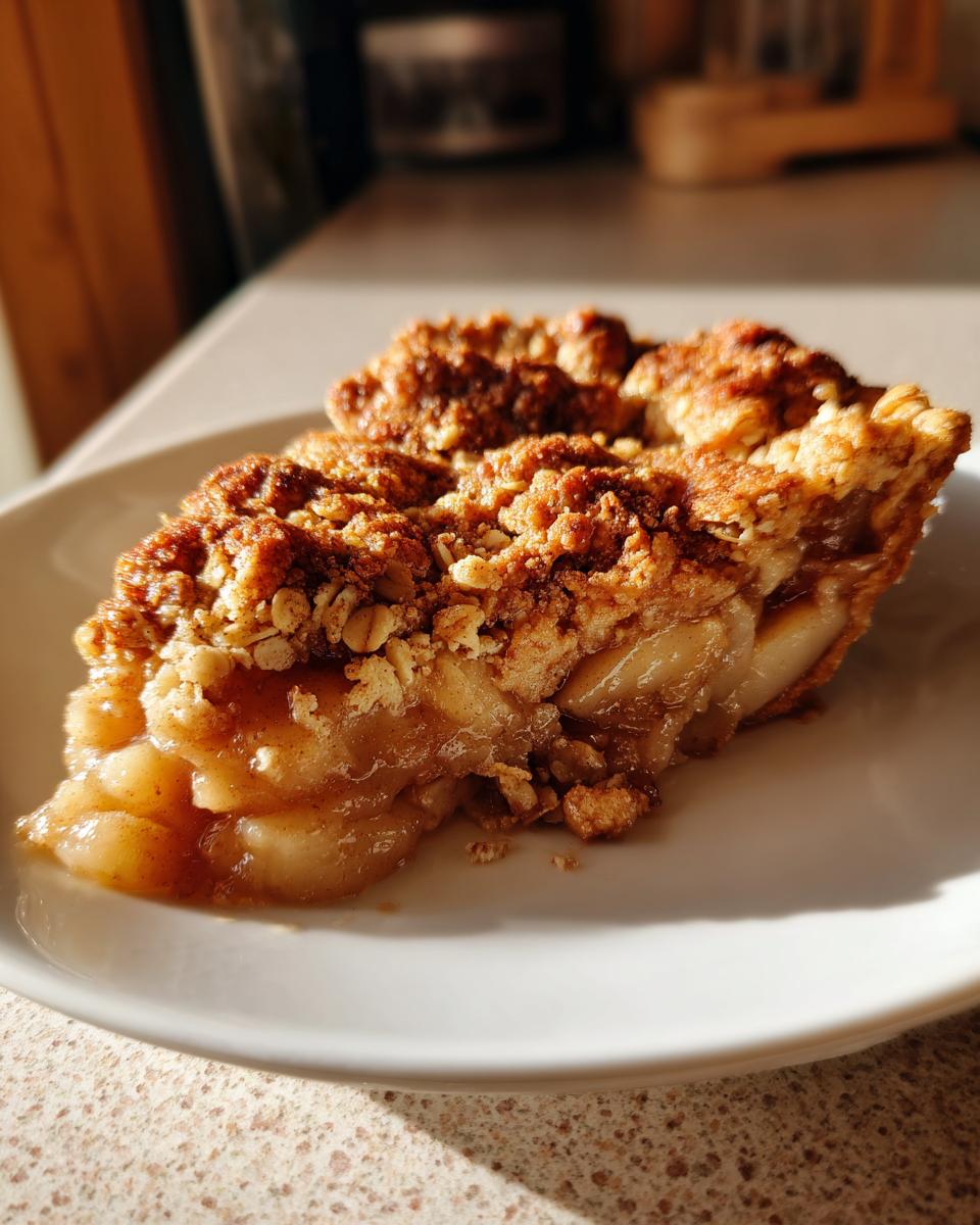 Close-up of a warm slice of pear crisp with a thick, golden-brown oat crumble topping on a white plate.