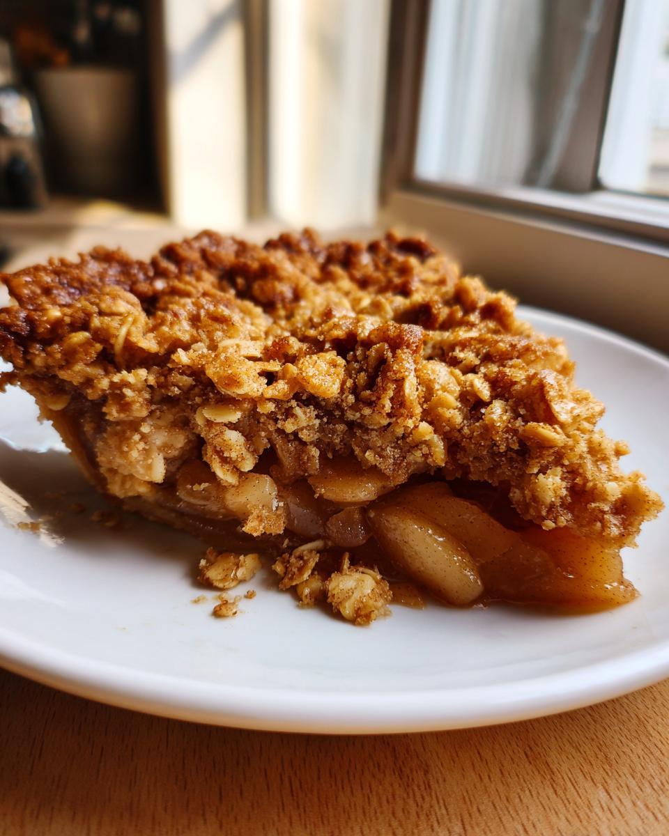 Close-up of a slice of amazing pear crisp showing soft, spiced pears and a thick, crunchy oat topping.
