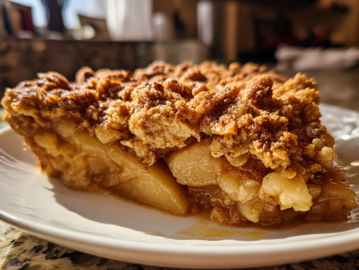 Close-up of a warm slice of pear crisp showing tender fruit filling and a thick, golden, oat crumble topping.