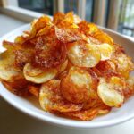 A generous serving of golden brown, homemade potato chips sprinkled with coarse salt in a white bowl.